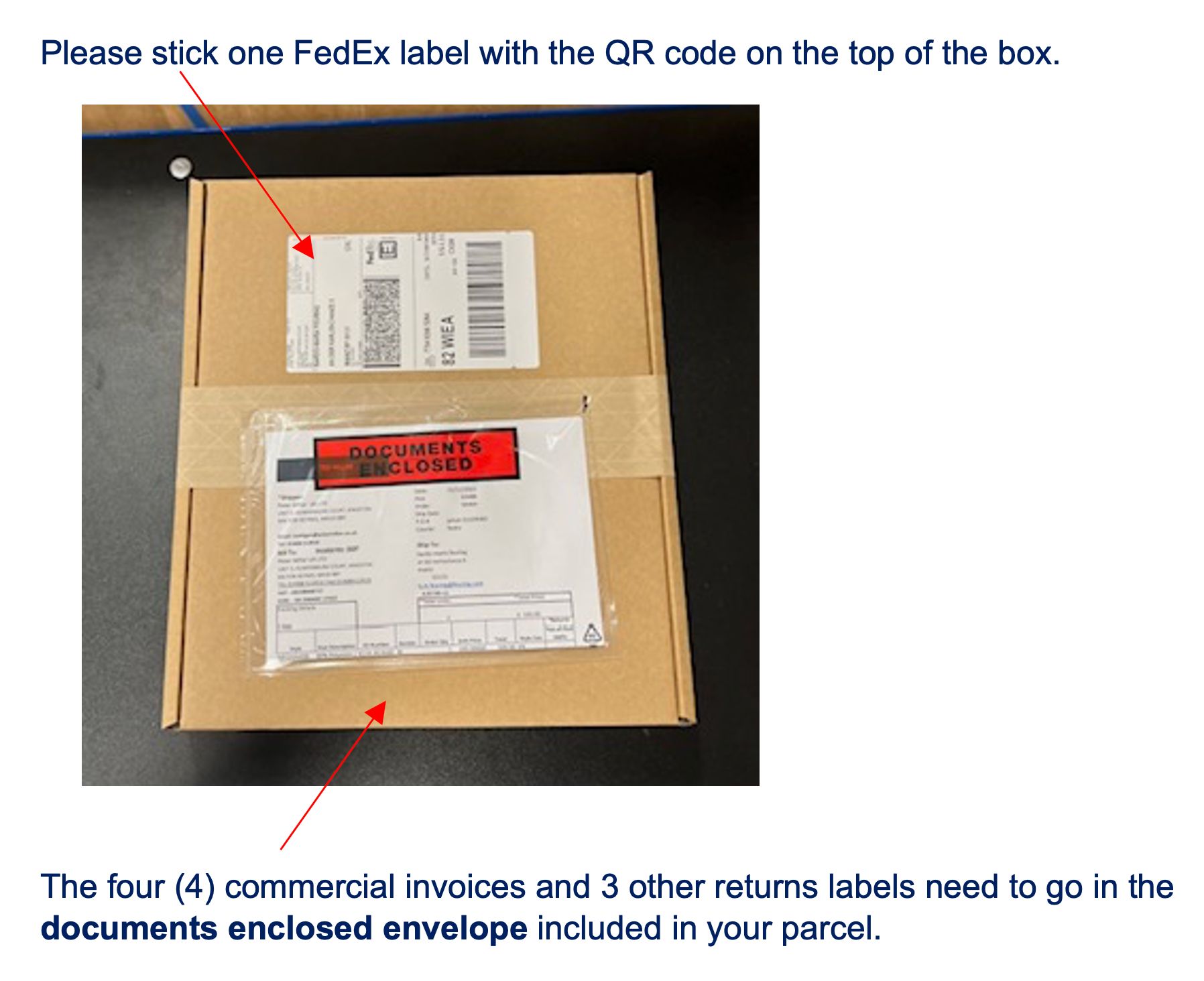 A red arrow pointing to the FedEx label with text that reads: Please stick one FedEx label with the QR code on the top of the box. A second red arrow that points to the Documents enclosed envelope with text that reads: The four (4) commercial invoices and 3 other returns labels need to go in the documents enclosed in your parcel.